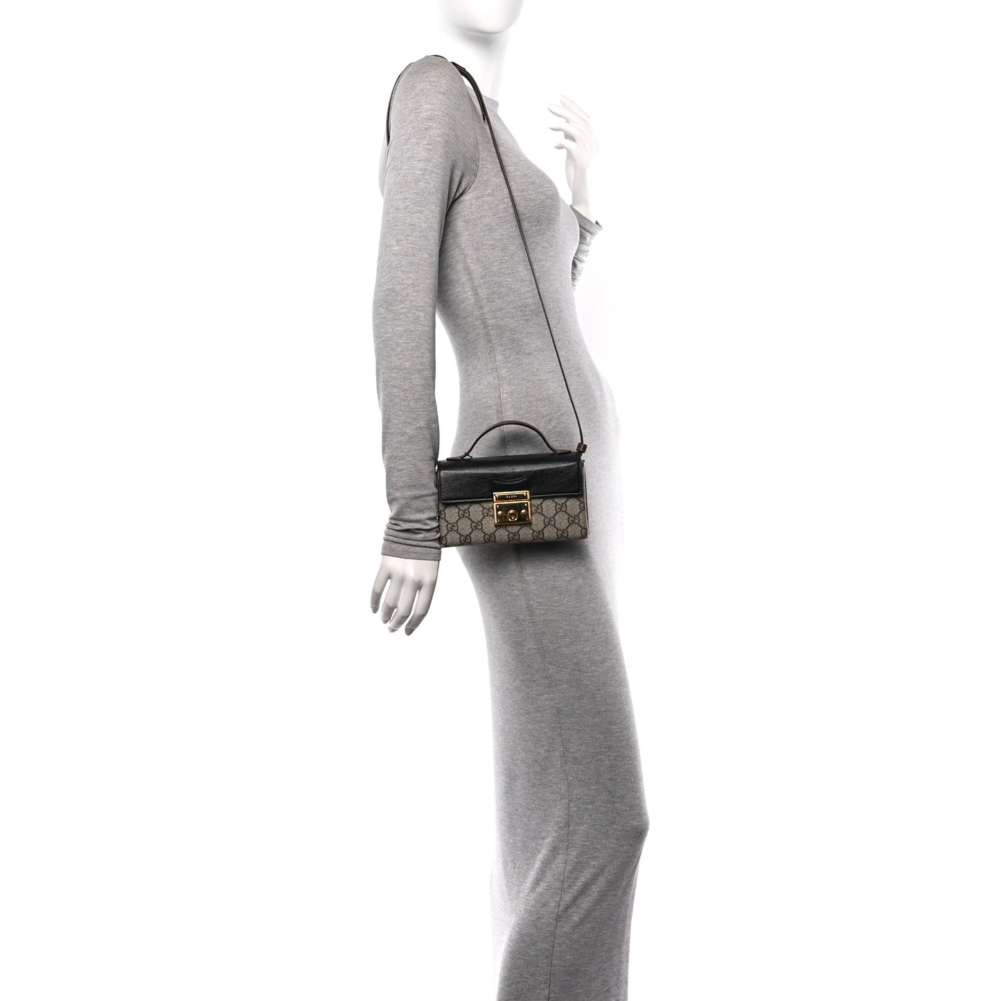 GG Supreme Monogram Calfskin Mini Padlock Top Handle Shoulder Bag Beige Black Cuir