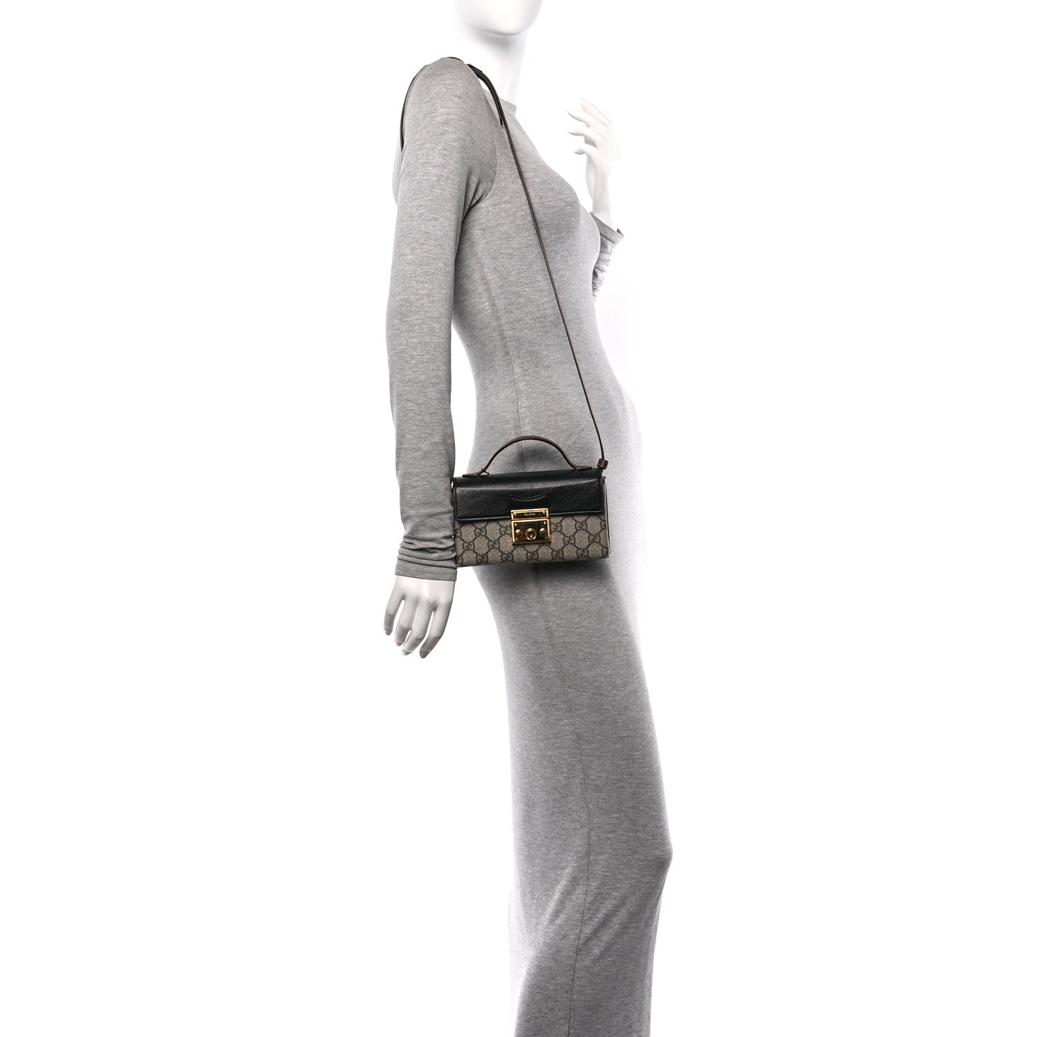 Gucci GG Supreme Monogram Calfskin Mini Padlock Top Handle Shoulder Bag Beige Black Cuir 3 of 11