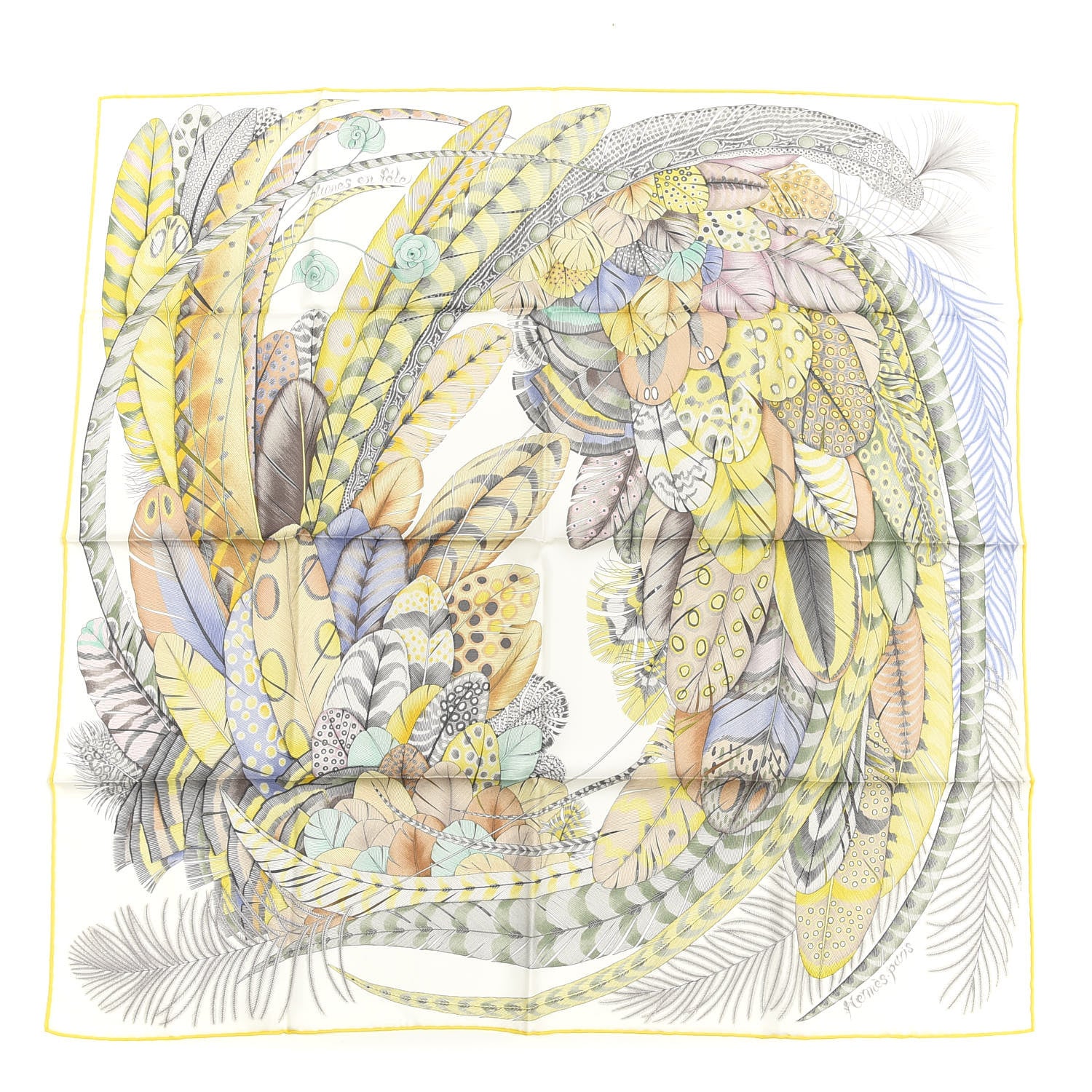 Hermes Cashmere Silk Plumes En Fete Scarf 90 Blanc Jaune Mauve 1 of 5
