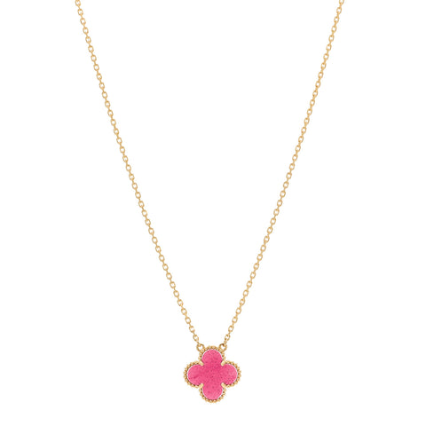 18K Yellow Gold Pink Enamel Vintage Alhambra Pendant Necklace