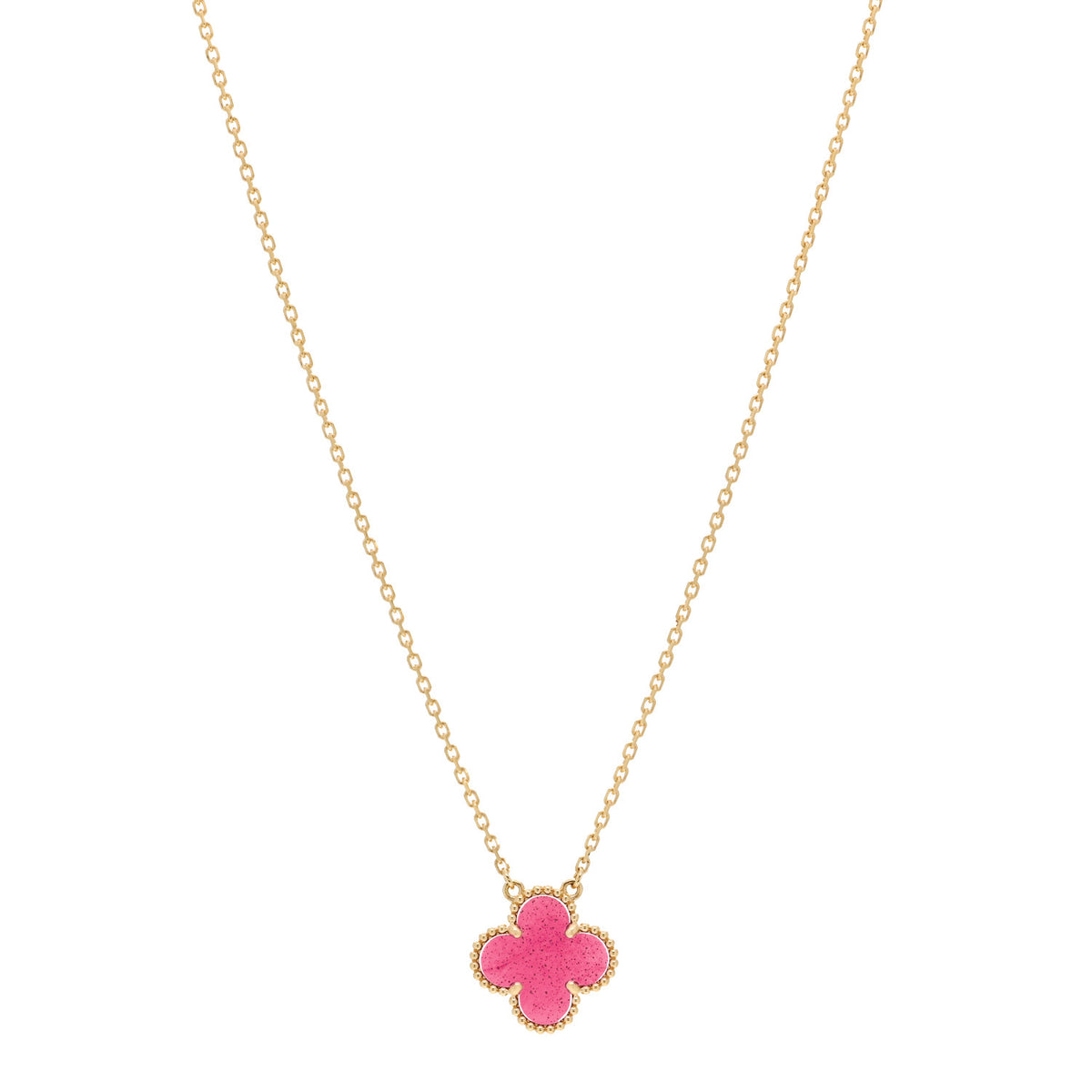 18K Yellow Gold Pink Enamel Vintage Alhambra Pendant Necklace