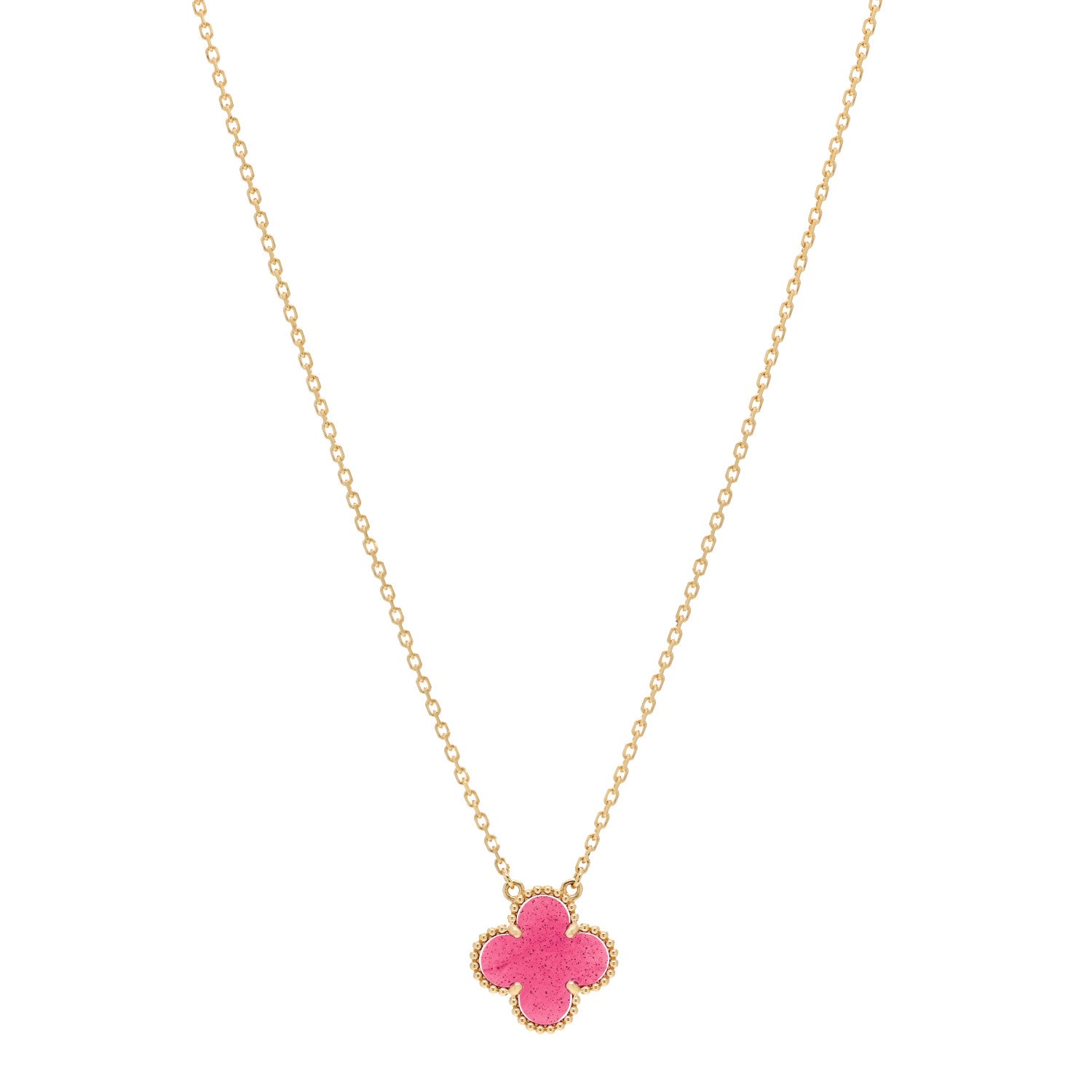 Van Cleef & Arpels 18K Yellow Gold Pink Enamel Vintage Alhambra Pendant Necklace 1 of 7