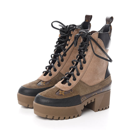 Louis Vuitton Suede Calfskin Monogram Laureate Platform Desert Boots 35 Beige 3 of 9