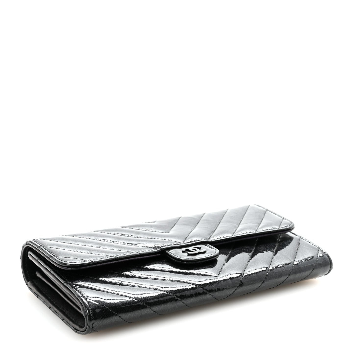Patent Metallic Crumpled Calfskin Chevron Quilted Large Gusset Flap Wallet So Black