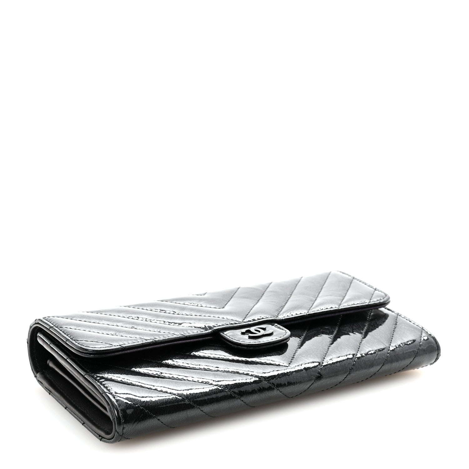 Chanel Patent Metallic Crumpled Calfskin Chevron Quilted Large Gusset Flap Wallet So Black 4 of 9