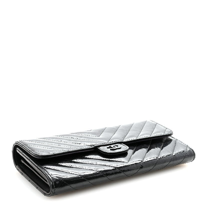 Chanel Patent Metallic Crumpled Calfskin Chevron Quilted Large Gusset Flap Wallet So Black 4 of 9