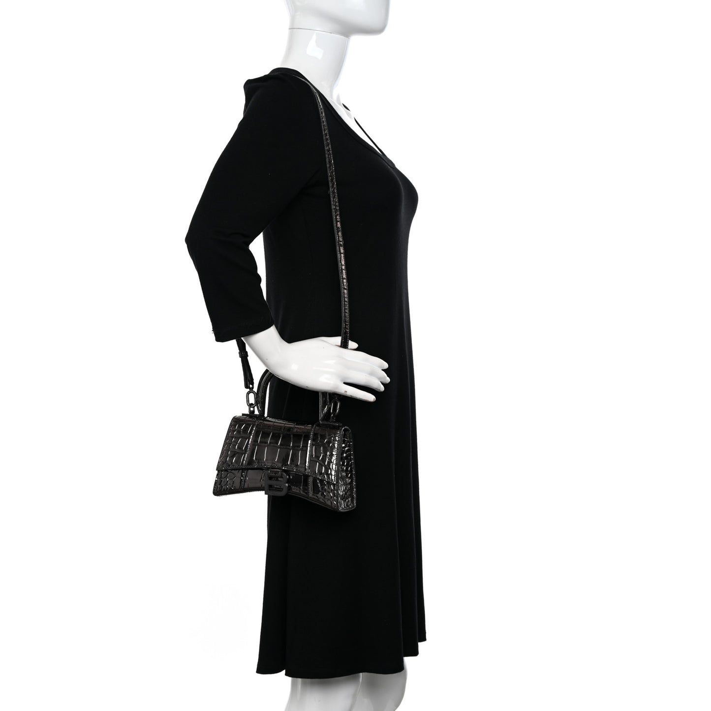 Metallic Shiny Calfskin Crocodile Embossed Hourglass Top Handle Bag XS Gunmetal