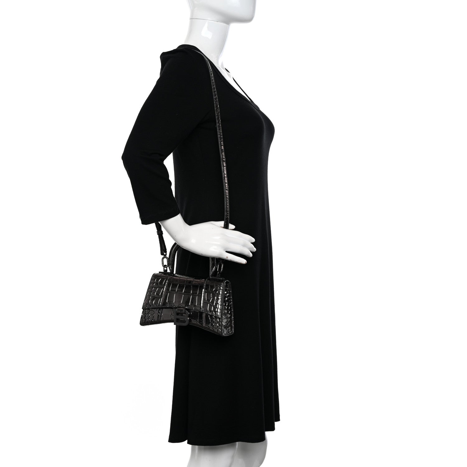 Balenciaga Metallic Shiny Calfskin Crocodile Embossed Hourglass Top Handle Bag XS Gunmetal 2 of 15