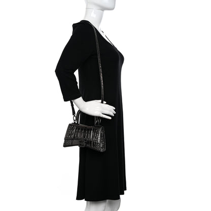 Balenciaga Metallic Shiny Calfskin Crocodile Embossed Hourglass Top Handle Bag XS Gunmetal 2 of 15