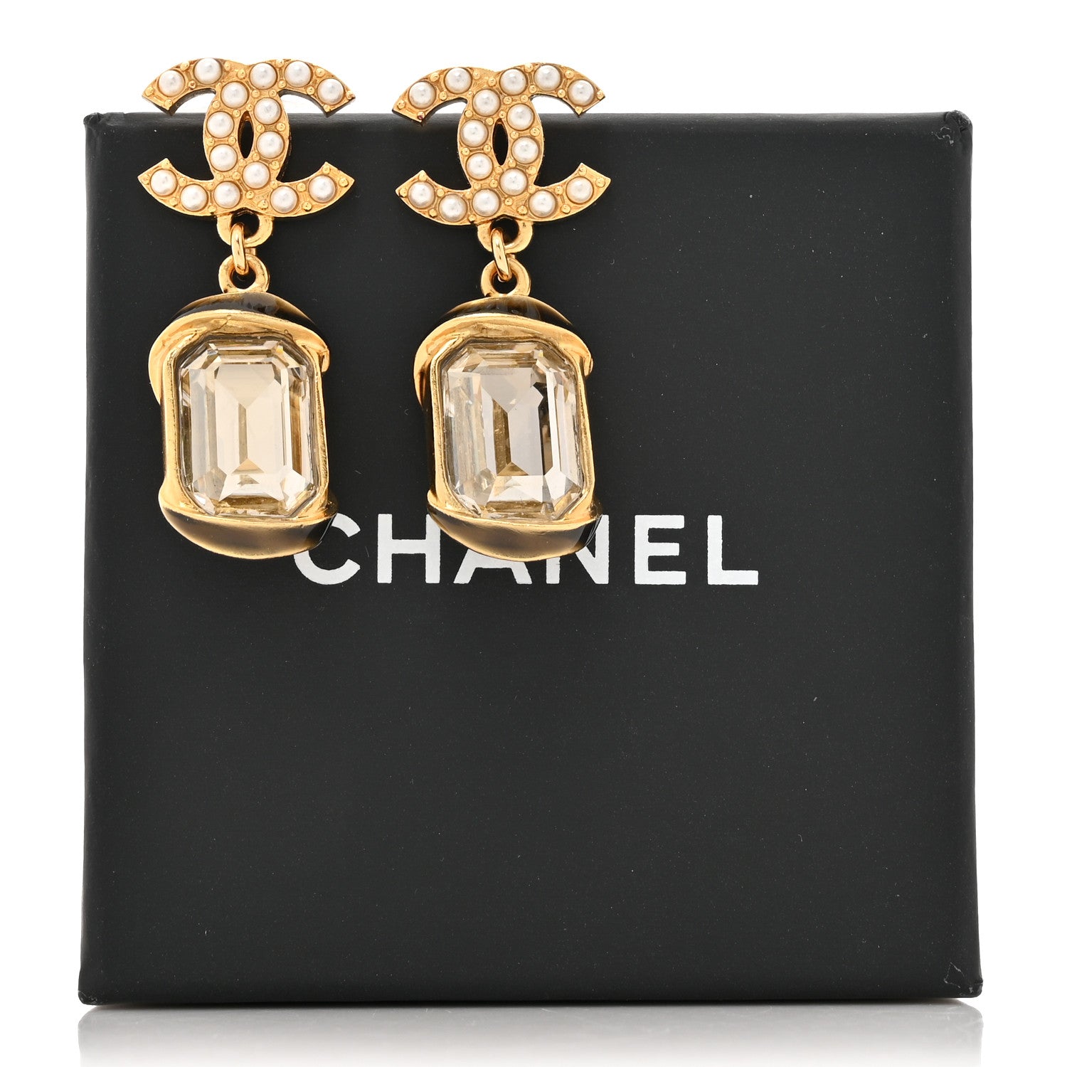 Chanel Crystal Pearl CC Drop Earrings Gold White 5 of 5
