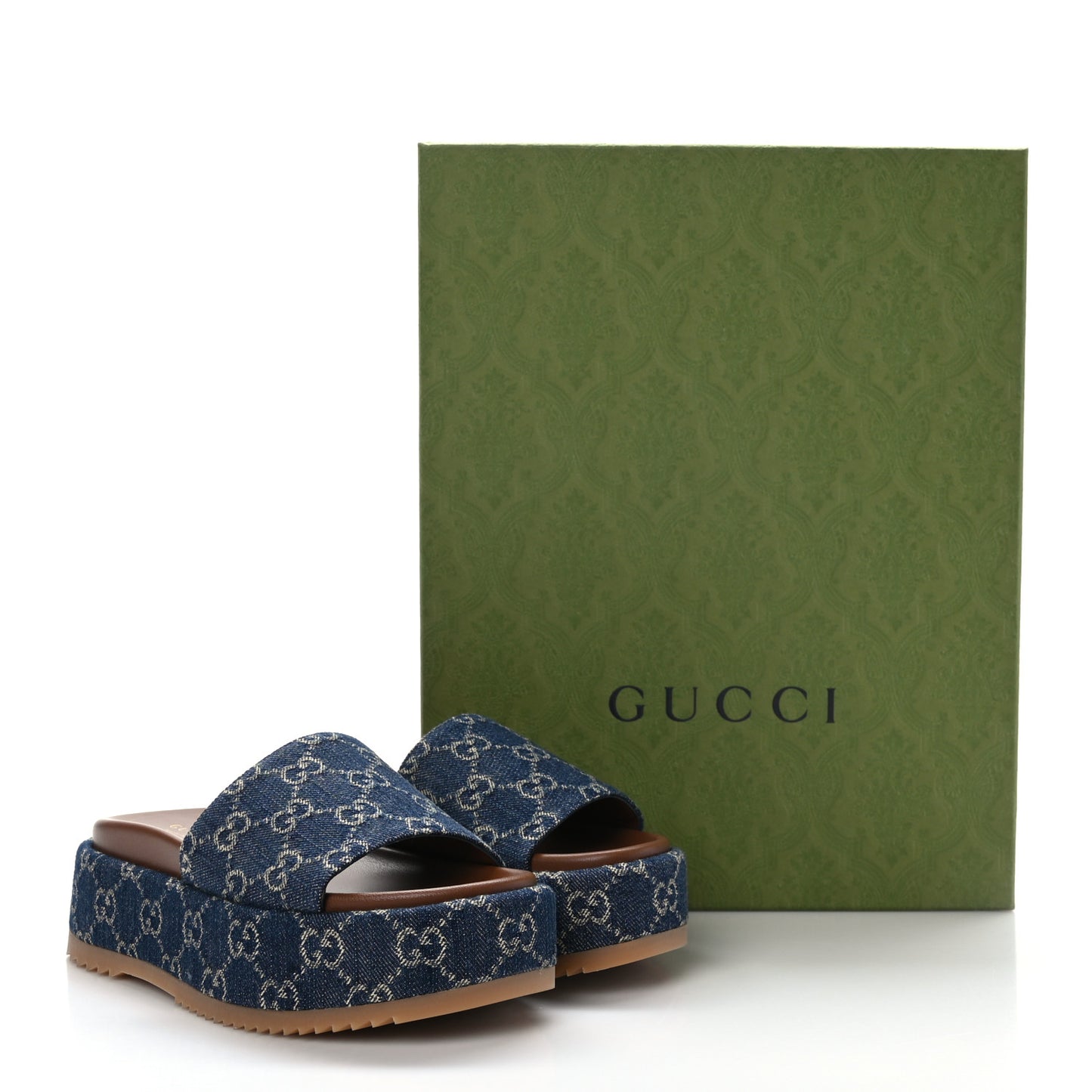 New Denim GG Monogram Angelina Platform 55mm Slide Sandals 35.5 Blue Tea