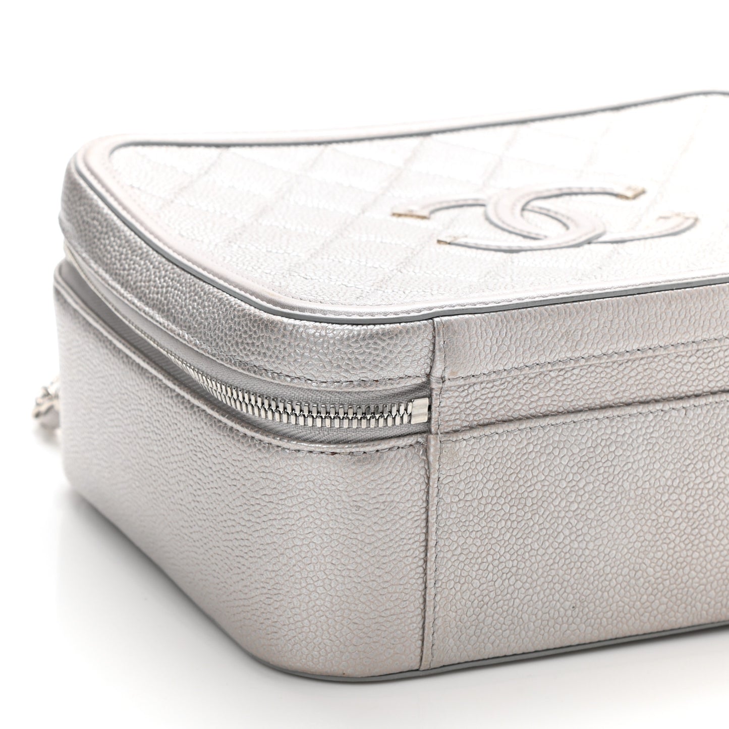 Metallic Caviar Quilted Large CC Filigree Vanity Case Silver