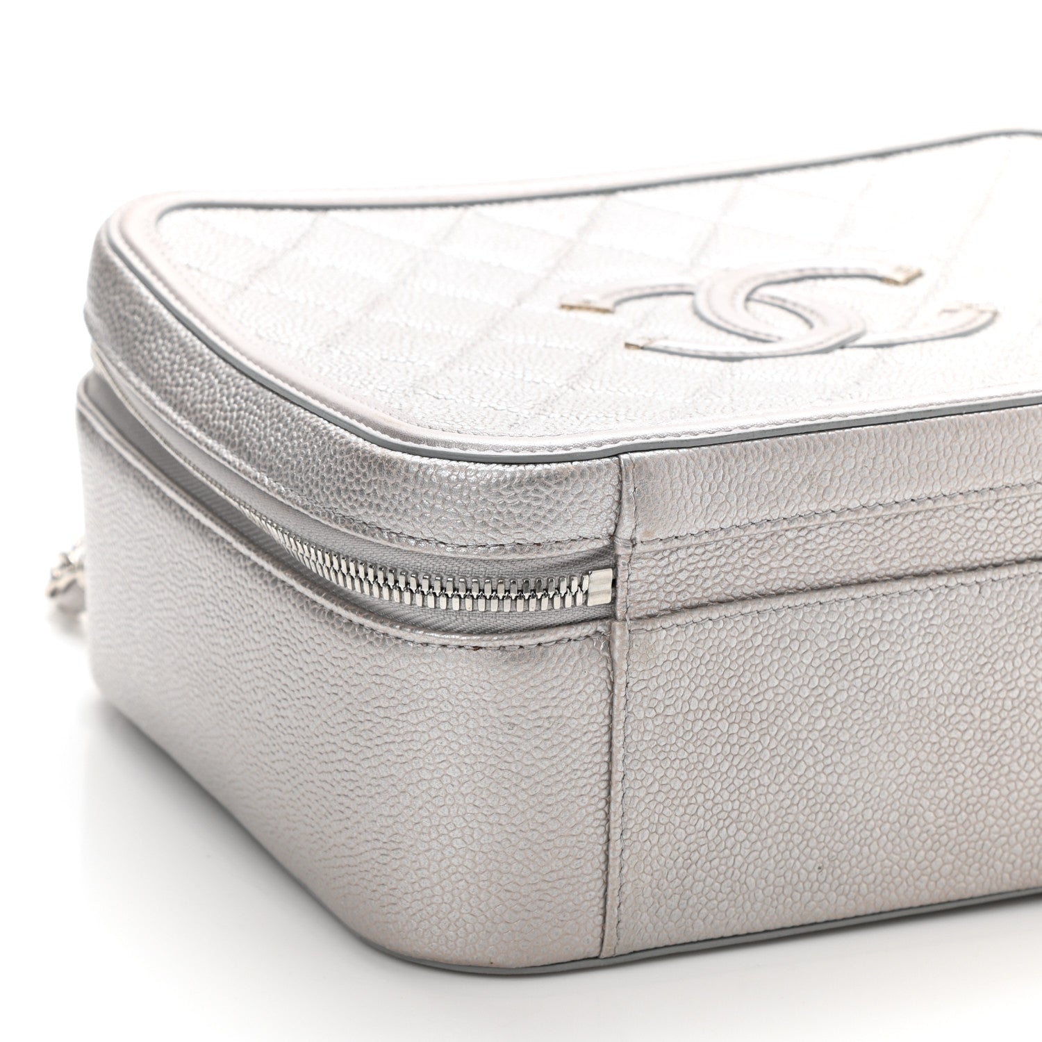 Chanel Metallic Caviar Quilted Large CC Filigree Vanity Case Silver 9 of 13