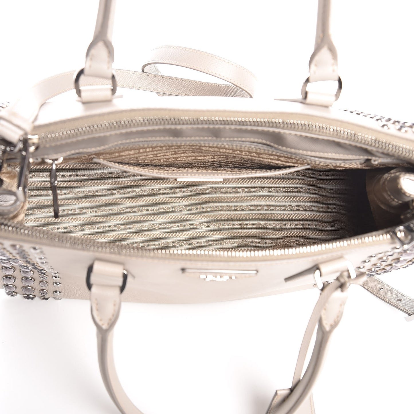 Saffiano Lux Studded Crystal Medium Galleria Double Zip Tote Talco