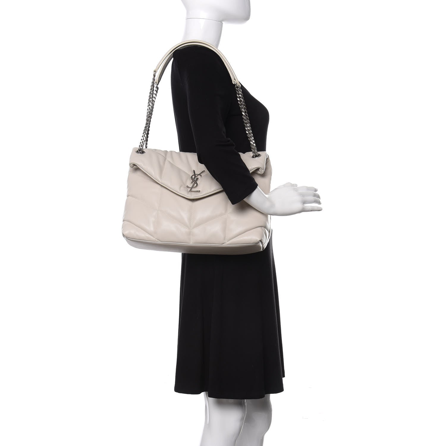 Saint Laurent Lambskin Quilted Medium Loulou Puffer Monogram Chain Satchel Blanc Vintage 2 of 10