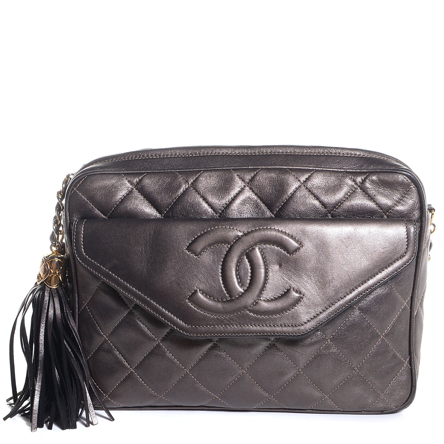 Lambskin Quilted Tassel Camera Case Dark Silver