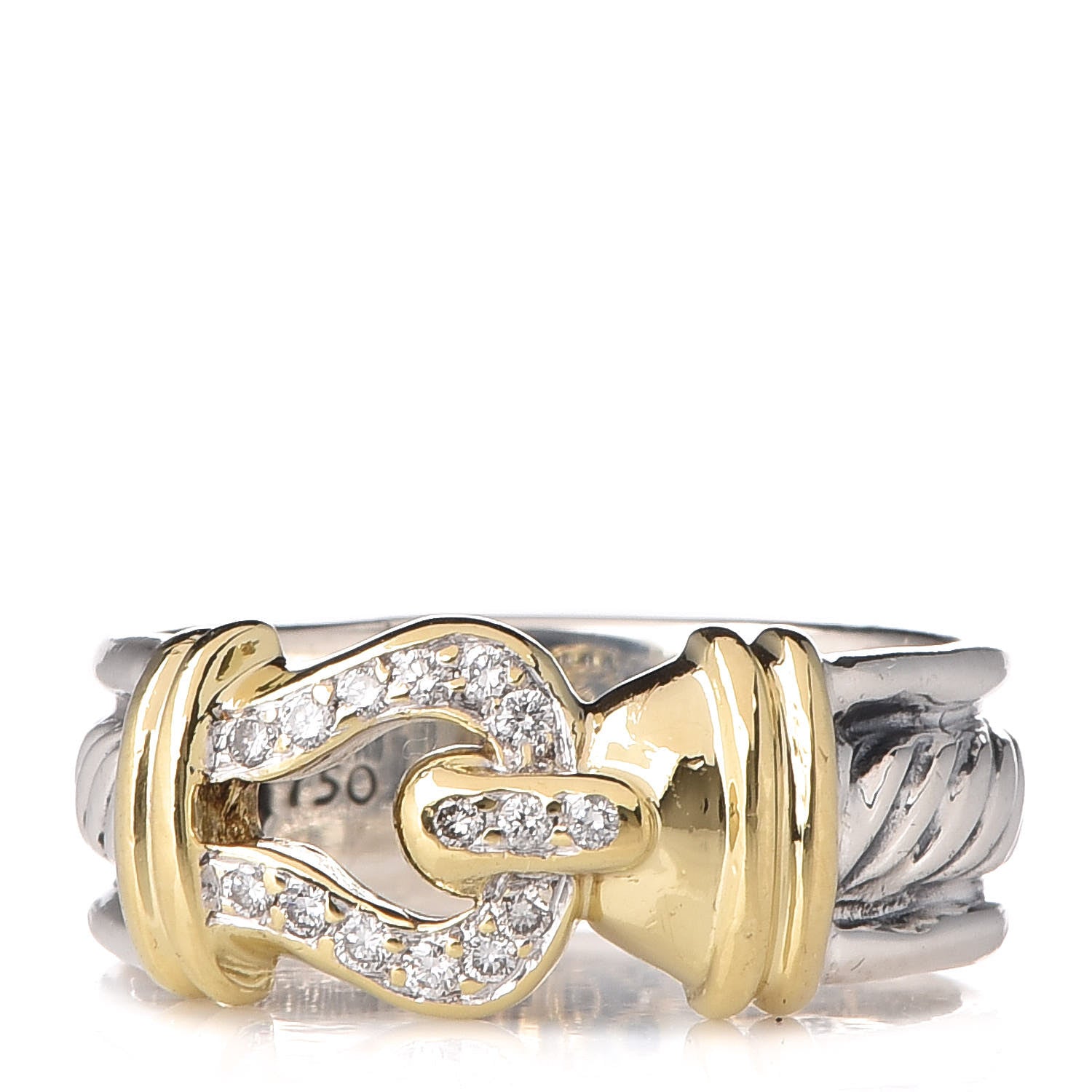 David Yurman Sterling Silver 18K Yellow Gold Diamond Buckle Cable Ring 54 6.75 1 of 6
