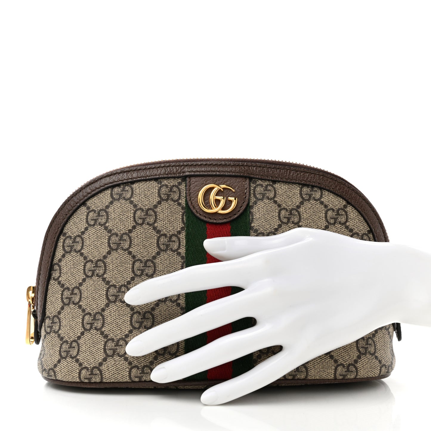 GG Supreme Monogram Textured Calfskin Web Large Ophidia Cosmetic Case Beige Ebony New Acero