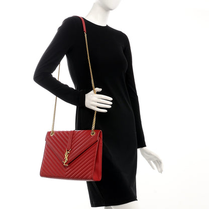 Saint Laurent Lambskin Matelasse Chevron Large Monogram Satchel Red 2 of 18
