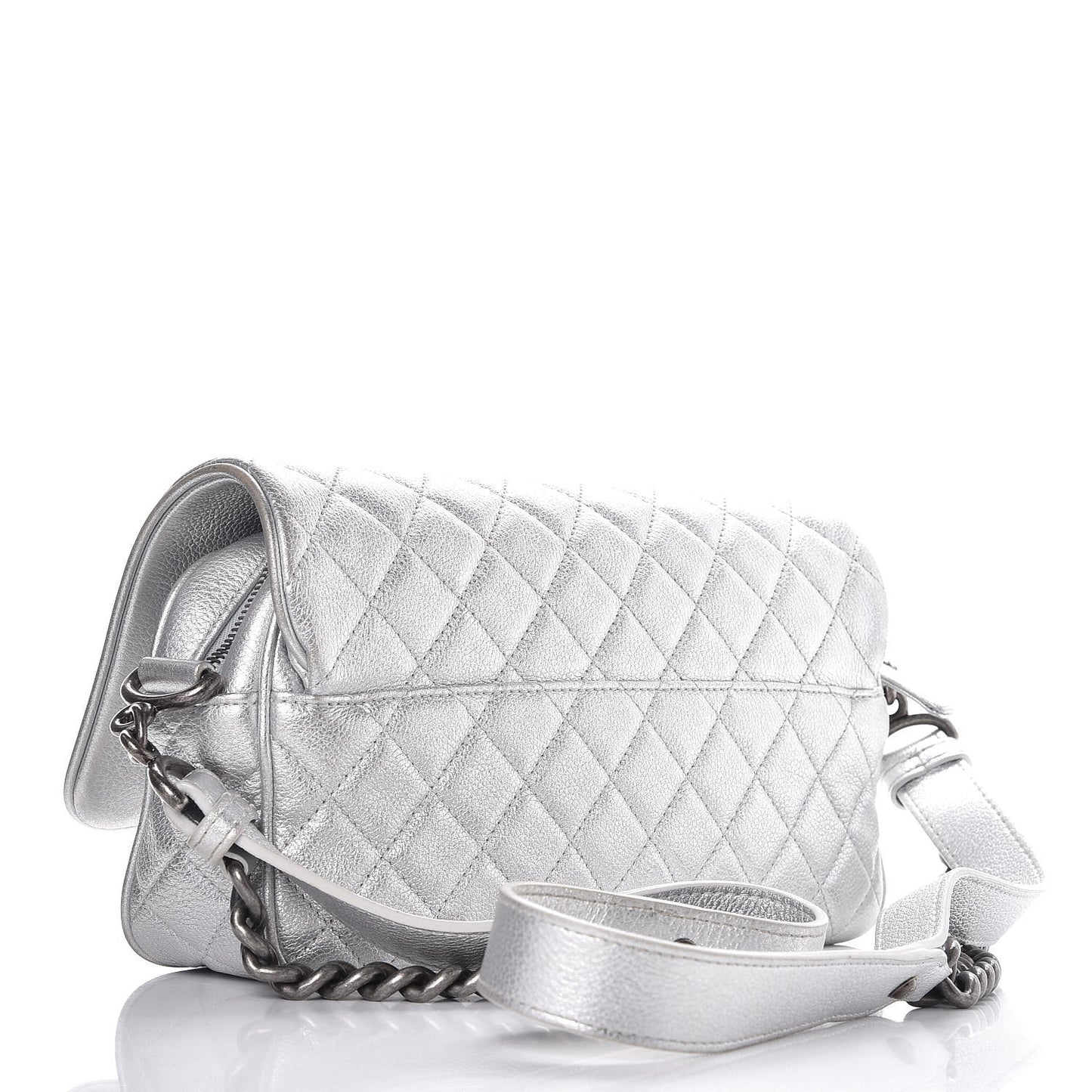 Metallic Calfskin Quilted Small Chain Detail Flap Silver