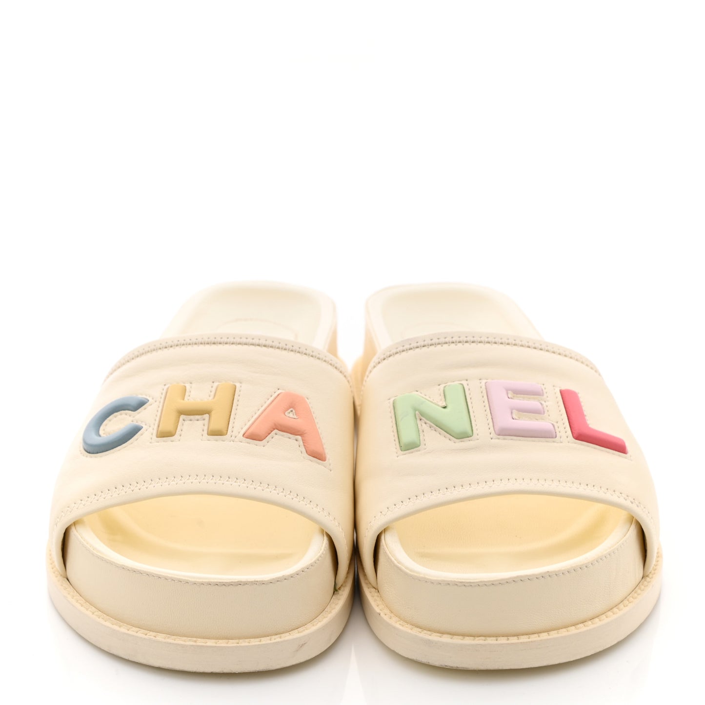 Lambskin Cha-Nel Mule Sandals 40 Ivory Multicolor
