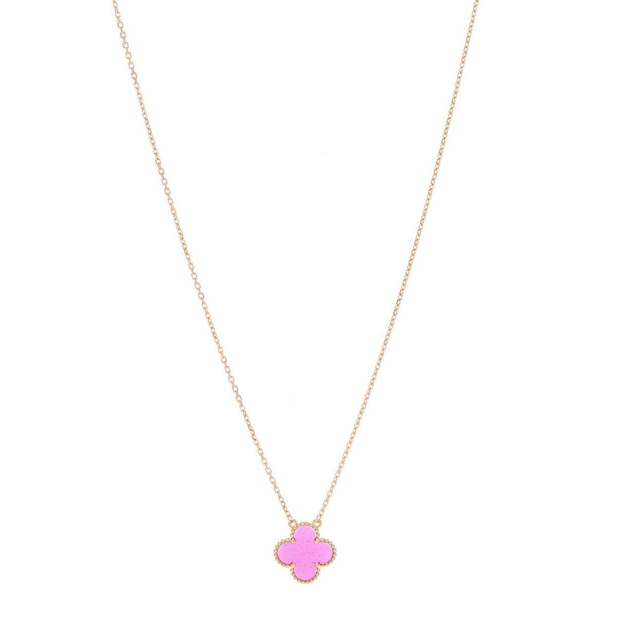 18K Yellow Gold Pink Enamel  Vintage Alhambra Pendant Necklace
