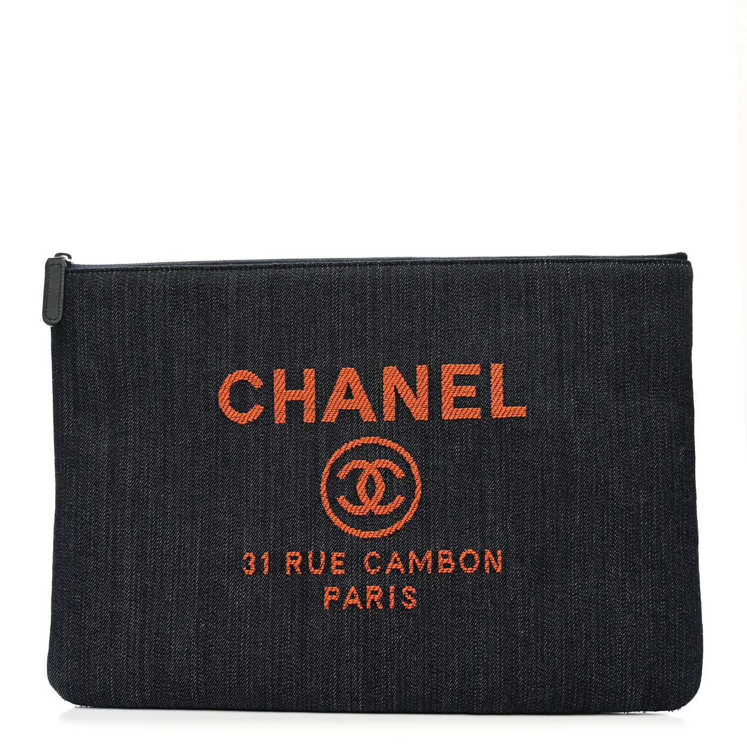 Chanel Denim Large Deauville Pouch Clutch Blue Orange 1 of 7