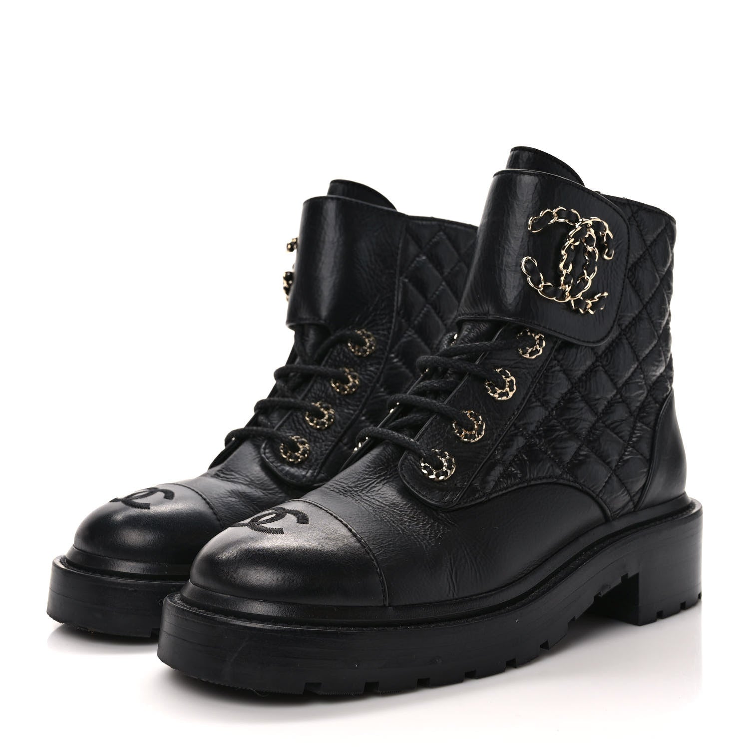 Chanel Shiny Calfskin Quilted Lace Up Combat Boots 36.5 Black 3 of 8