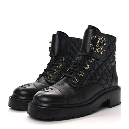 Chanel Shiny Calfskin Quilted Lace Up Combat Boots 36.5 Black 3 of 8