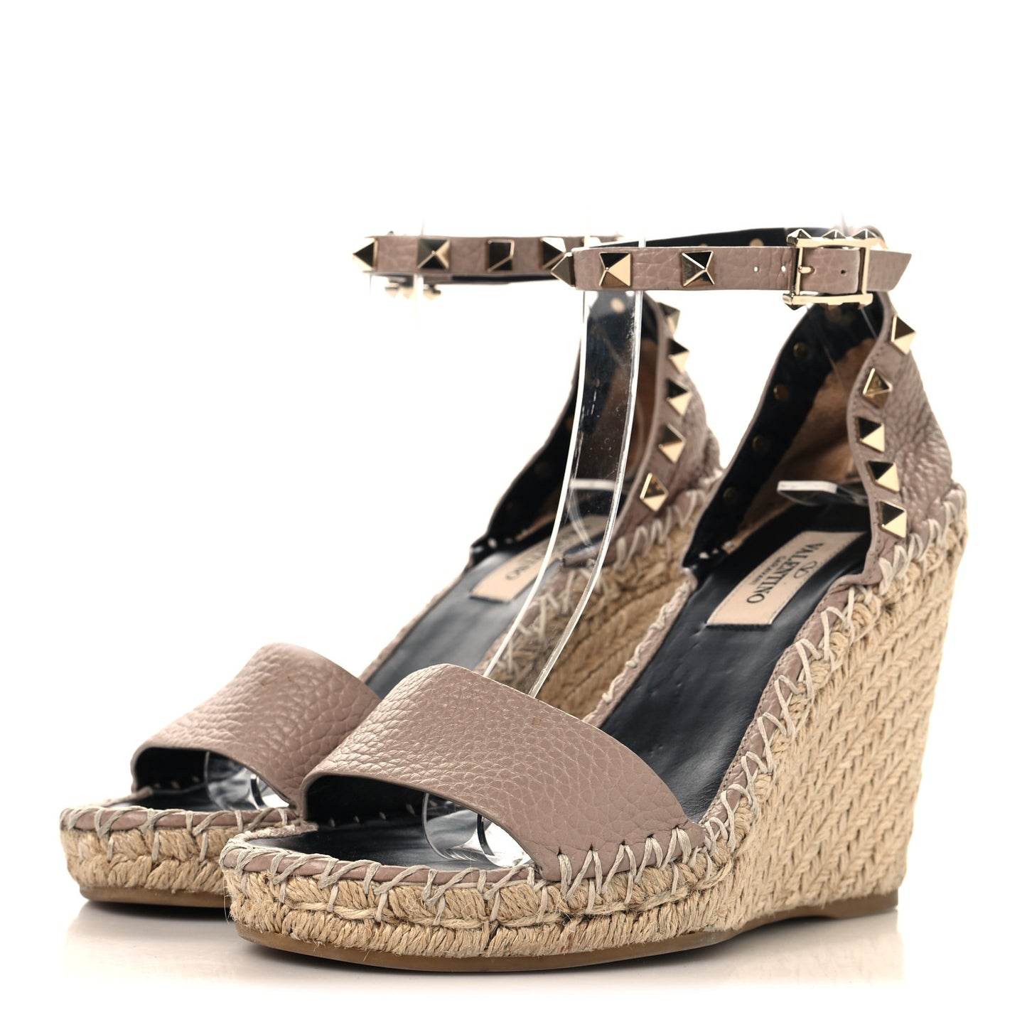 Grained Calfskin Rockstud Ankle Strap Espadrille 15/105mm Wedge Sandals 35 Poudre Natural