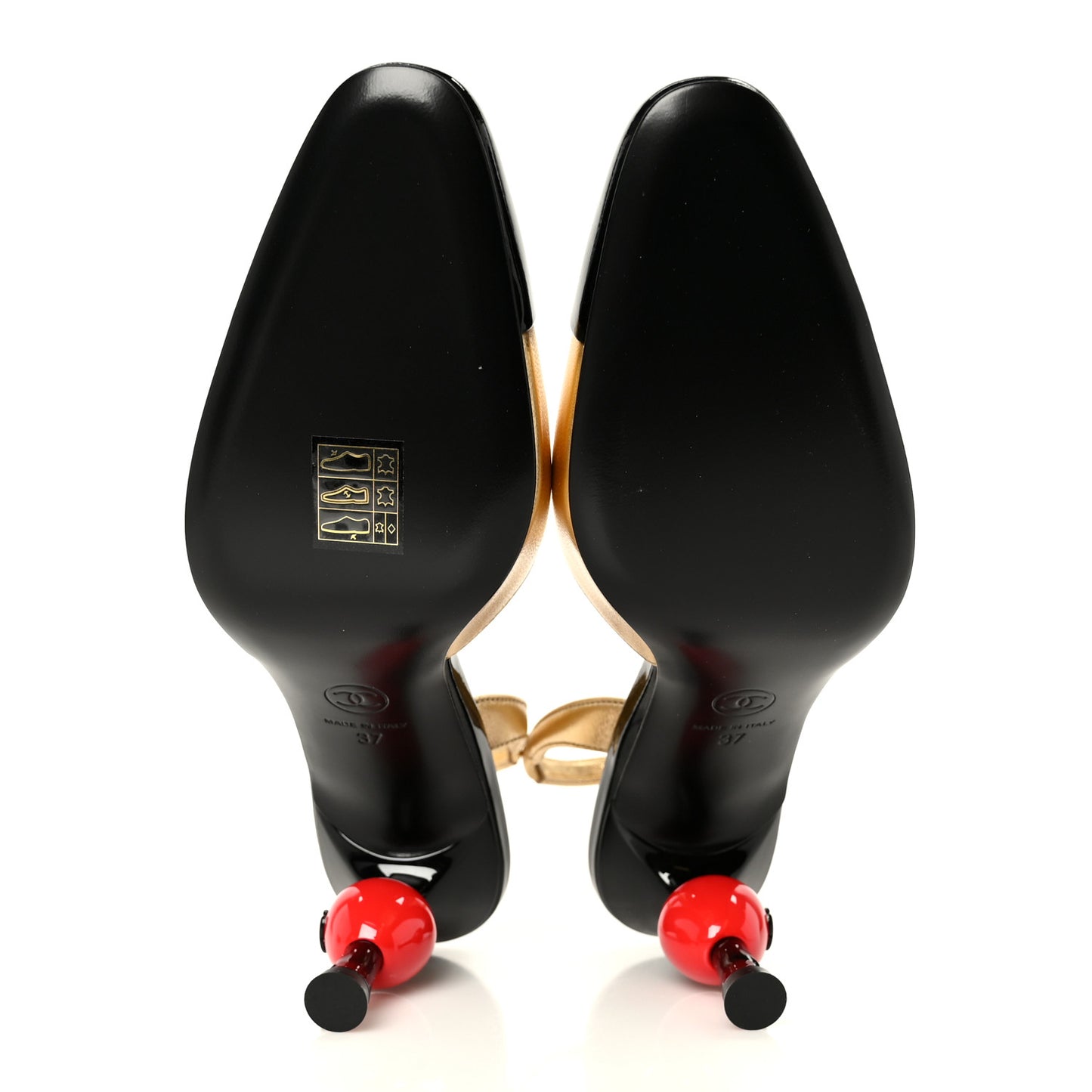 Lambskin Patent Cap Toe CC Apple Slingback Pumps 37 Gold Black