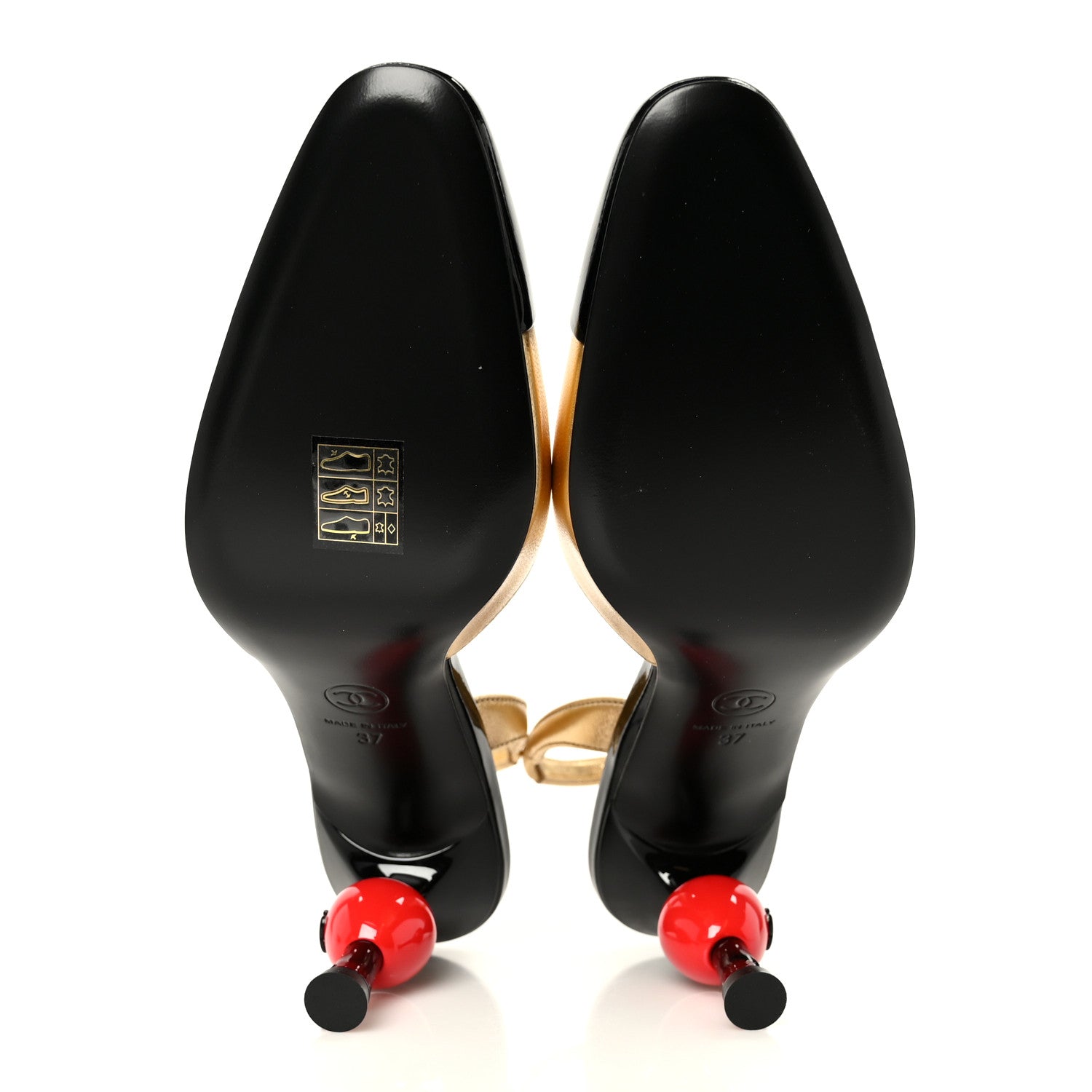 Chanel Lambskin Patent Cap Toe CC Apple Slingback Pumps 37 Gold Black 6 of 10