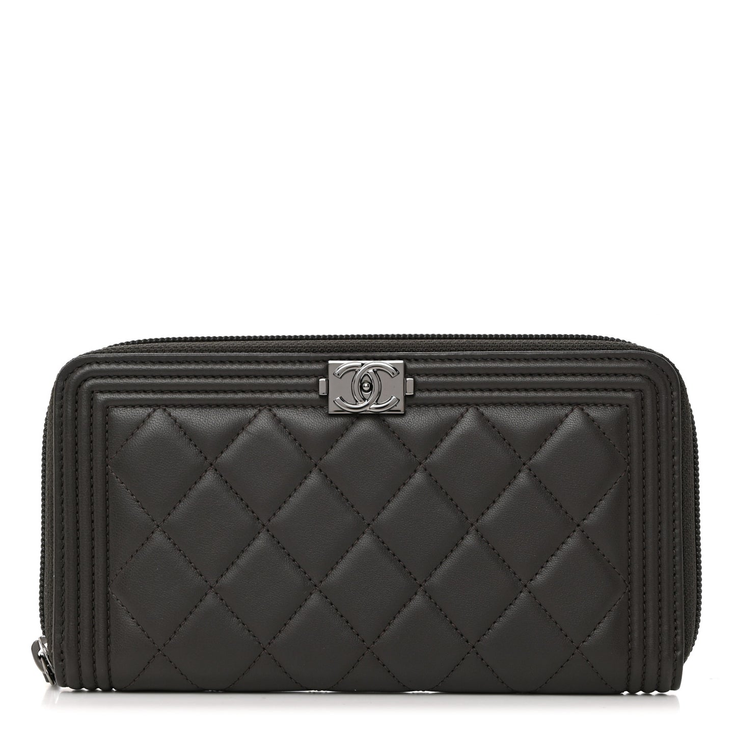 Lambskin Quilted Boy Zip Around Wallet Dark Grey