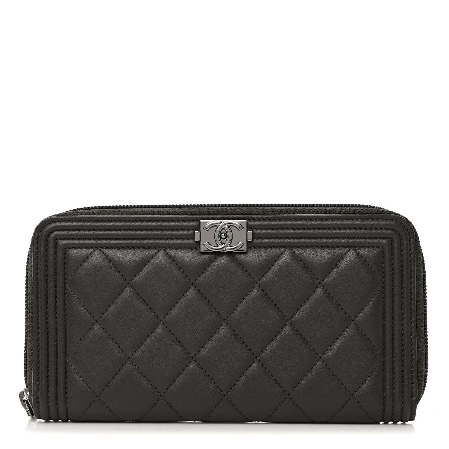 Chanel Lambskin Quilted Boy Zip Around Wallet Dark Grey 1 of 8