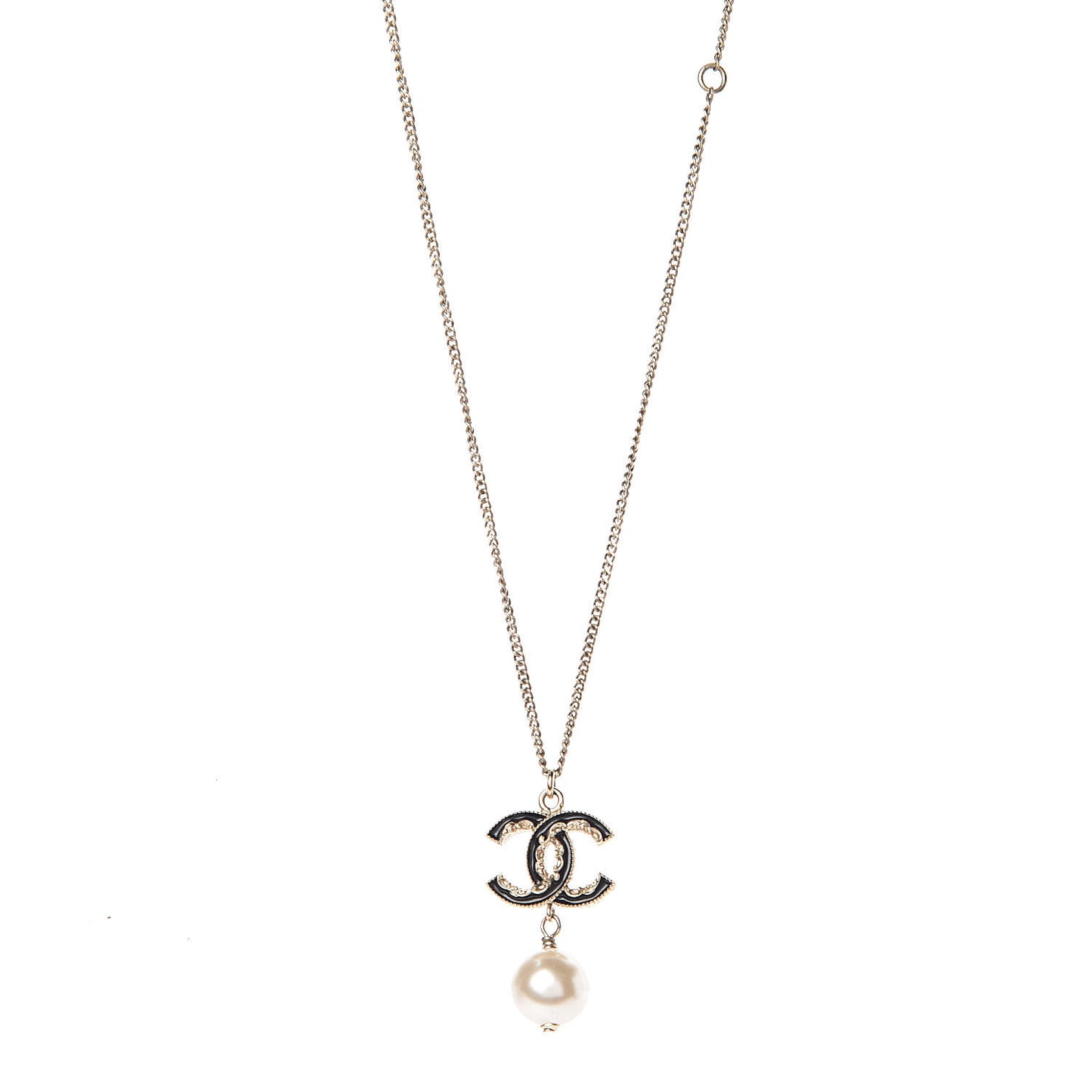 Enamel CC Baroque Pearl Drop Necklace Black Gold
