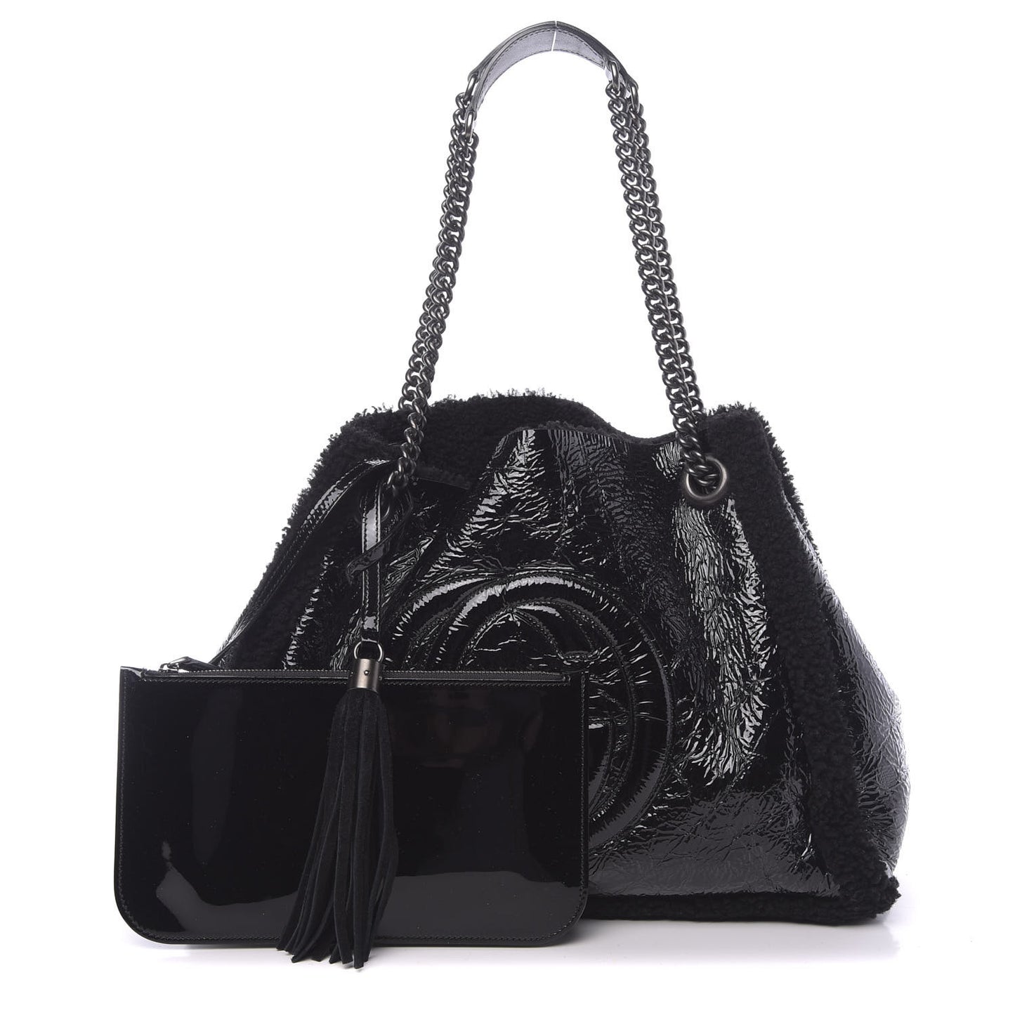 Patent Shearling Medium Soho Chain Shoulder Bag Black