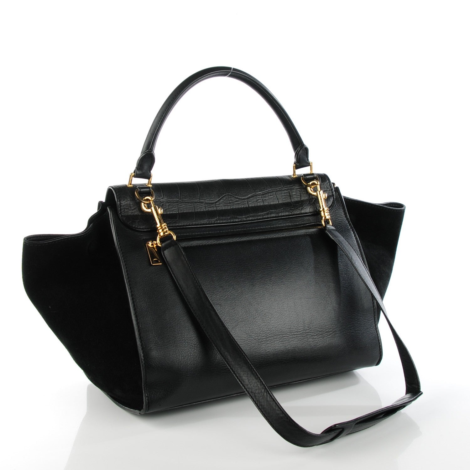 Celine Crocodile Embossed Calfskin Suede Medium Trapeze Black 3 of 9