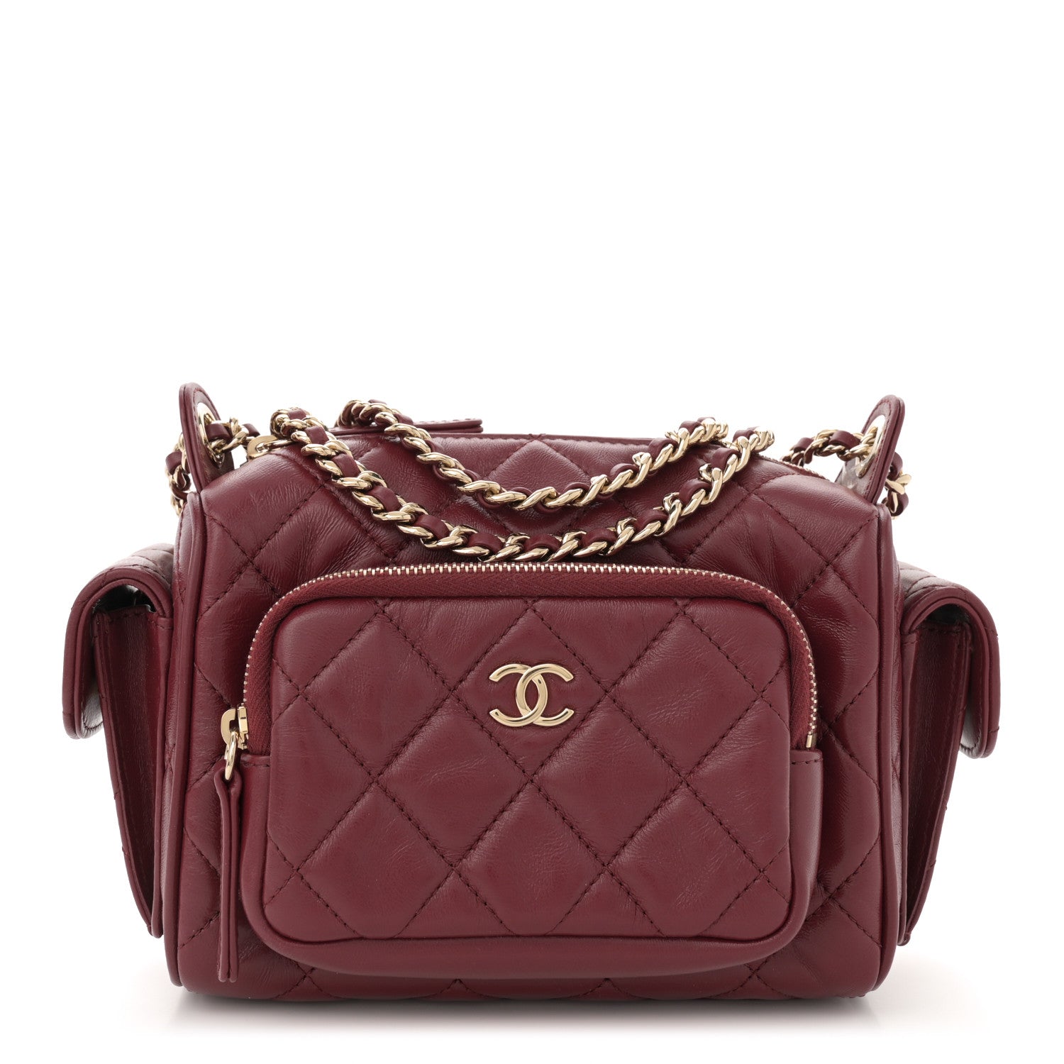Chanel Shiny Crumpled Lambskin Quilted Small Preppy Pocket Camera Case Burgundy 1 of 10