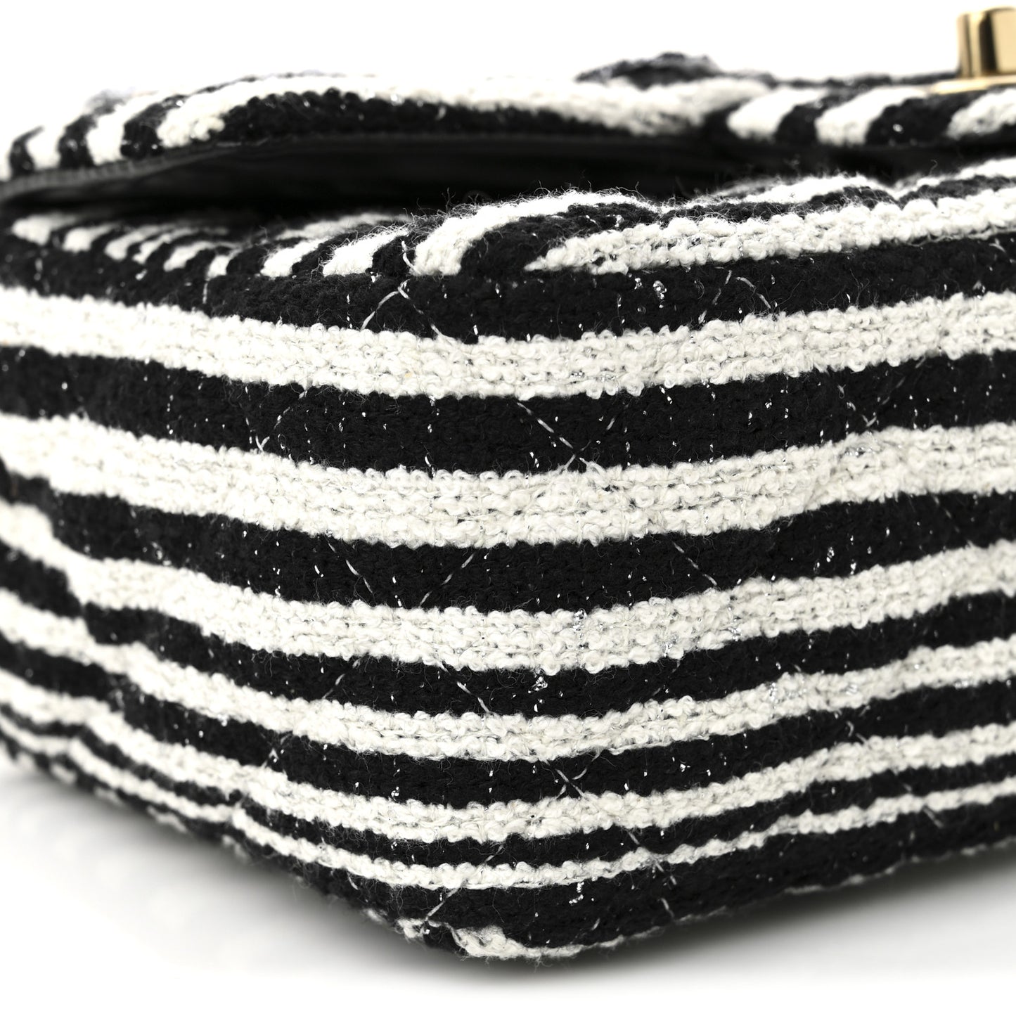 Striped Tweed Sequin Quilted Camellia Embellished Mini Rectangular Flap Ecru Black