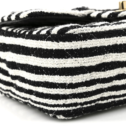 Chanel Striped Tweed Sequin Quilted Camellia Embellished Mini Rectangular Flap Ecru Black 9 of 11