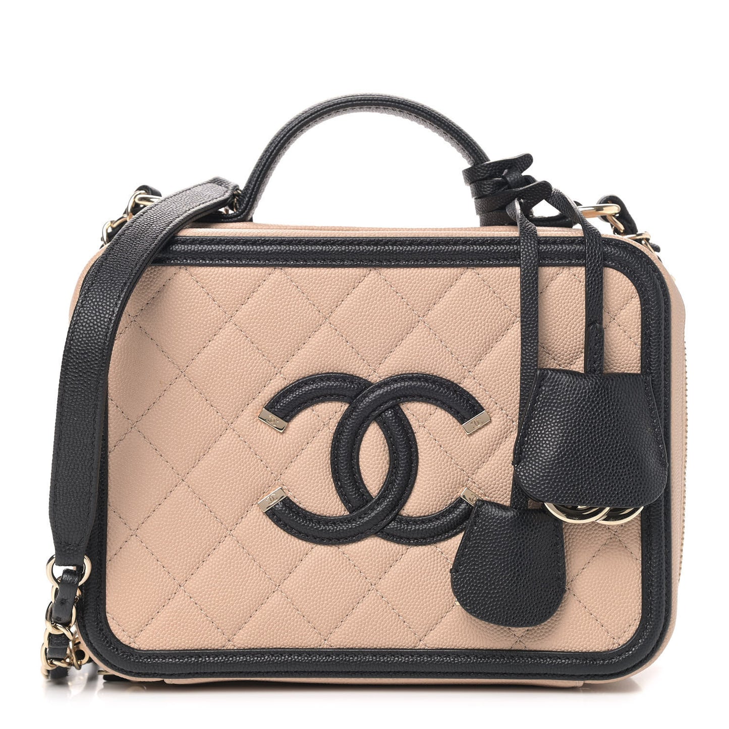 Caviar Quilted Medium CC Filigree Vanity Case Beige Black