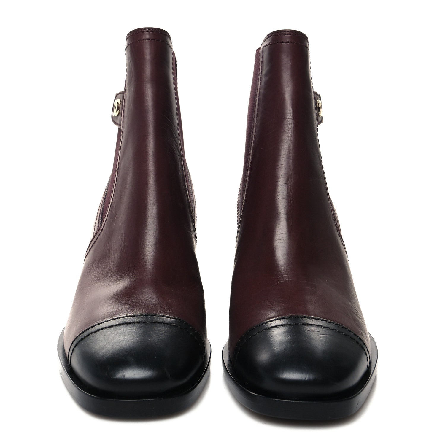 Chanel Calfskin Cap Toe CC Ankle Boots 35 Burgundy Black 2 of 9
