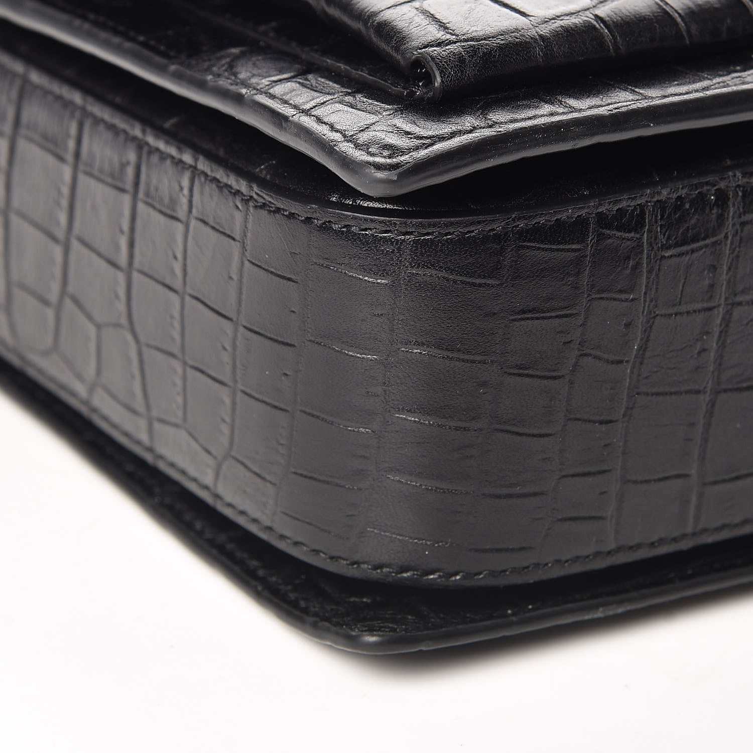Saint Laurent Calfskin Crocodile Embossed Medium Bellechasse Satchel Black 8 of 9