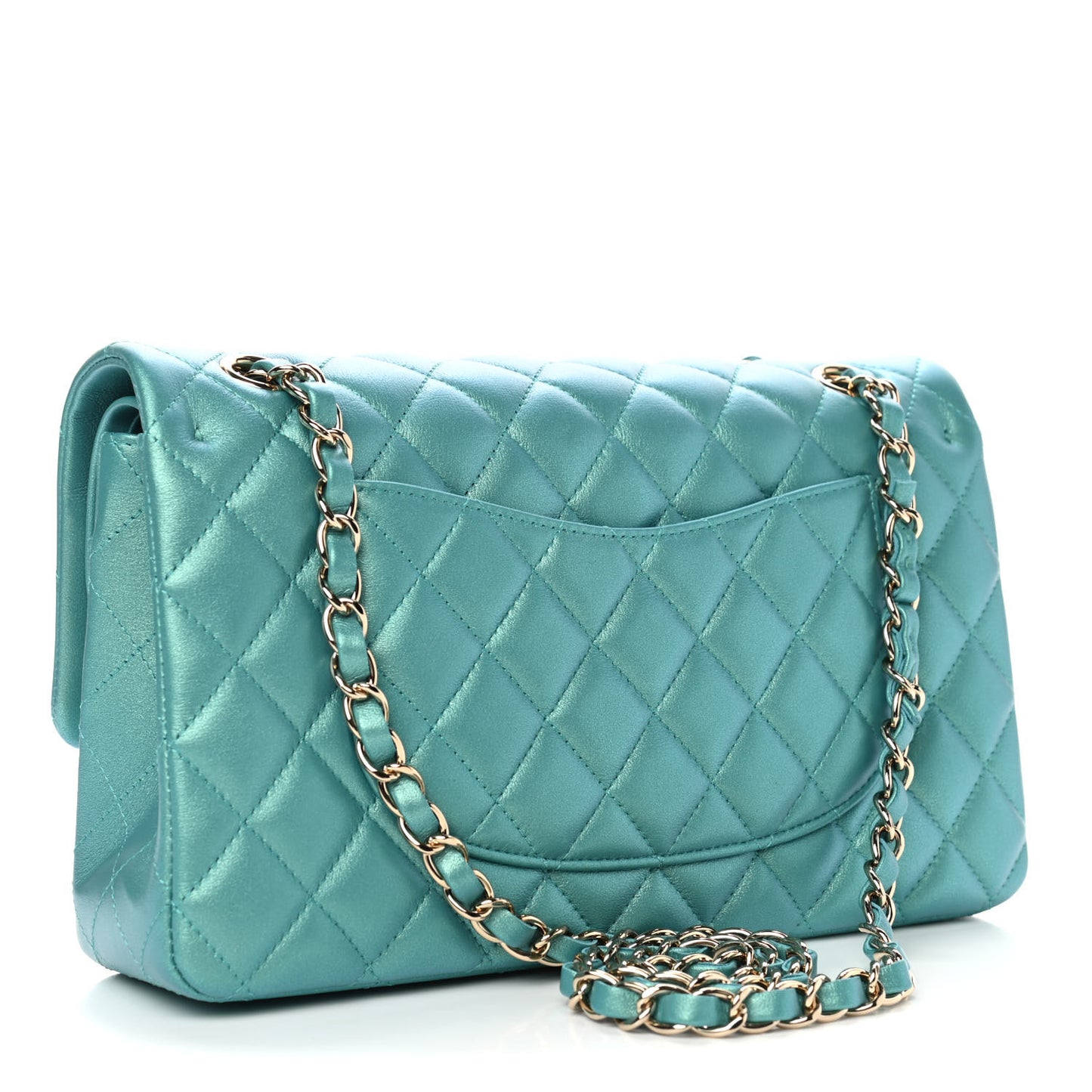 Iridescent Calfskin Quilted Medium Double Flap Green