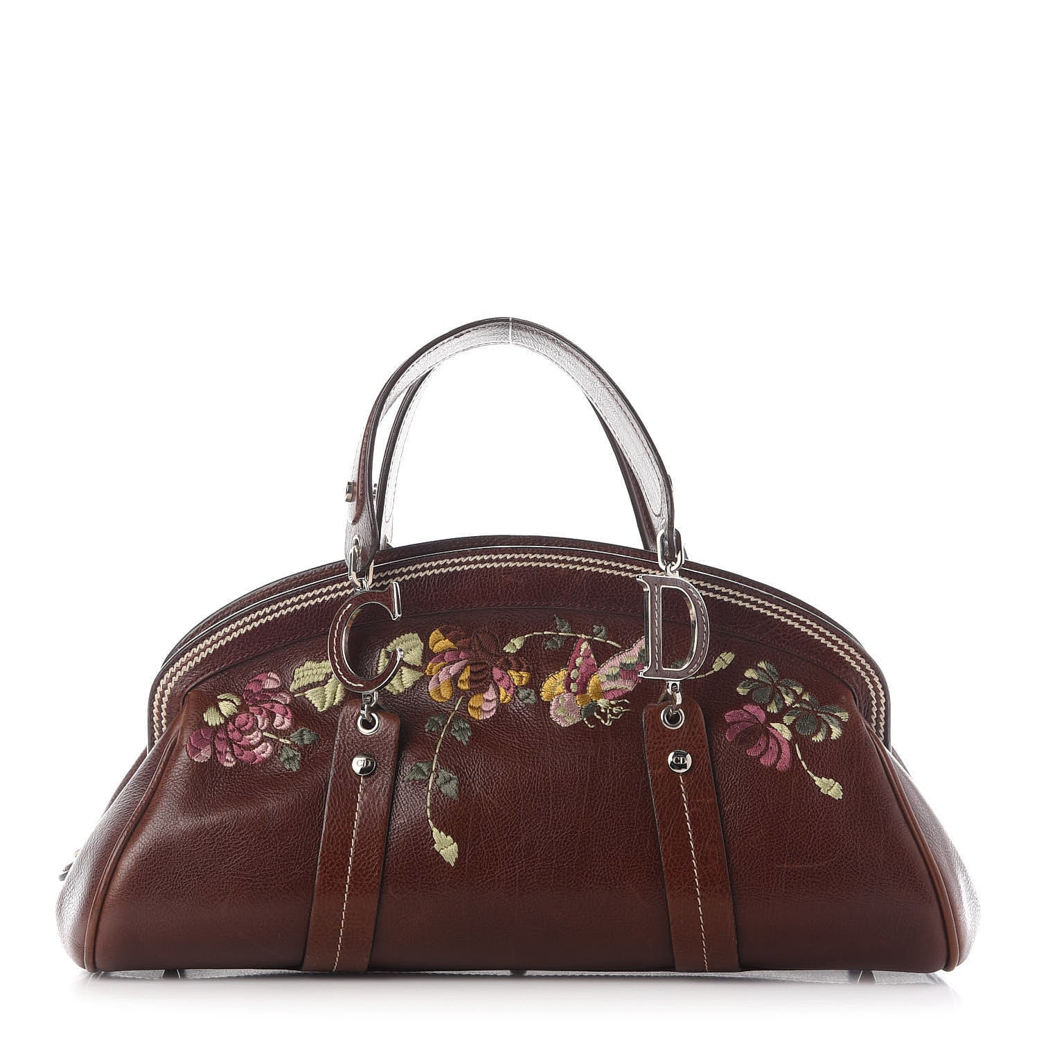Christian Dior Grained Calfskin Romantic Flowers Frame Satchel Brown 1 of 13