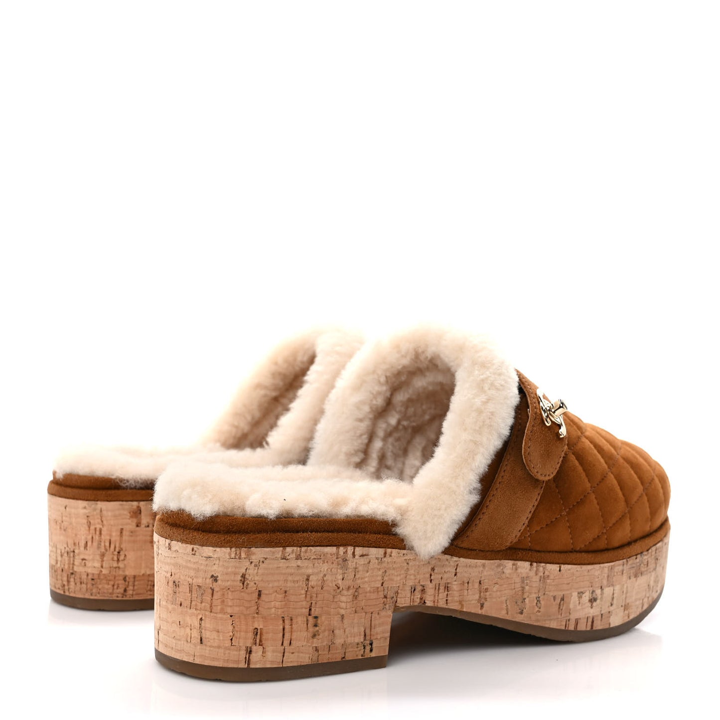 Suede Calfskin Shearling Turn Lock Clogs 39 Brown