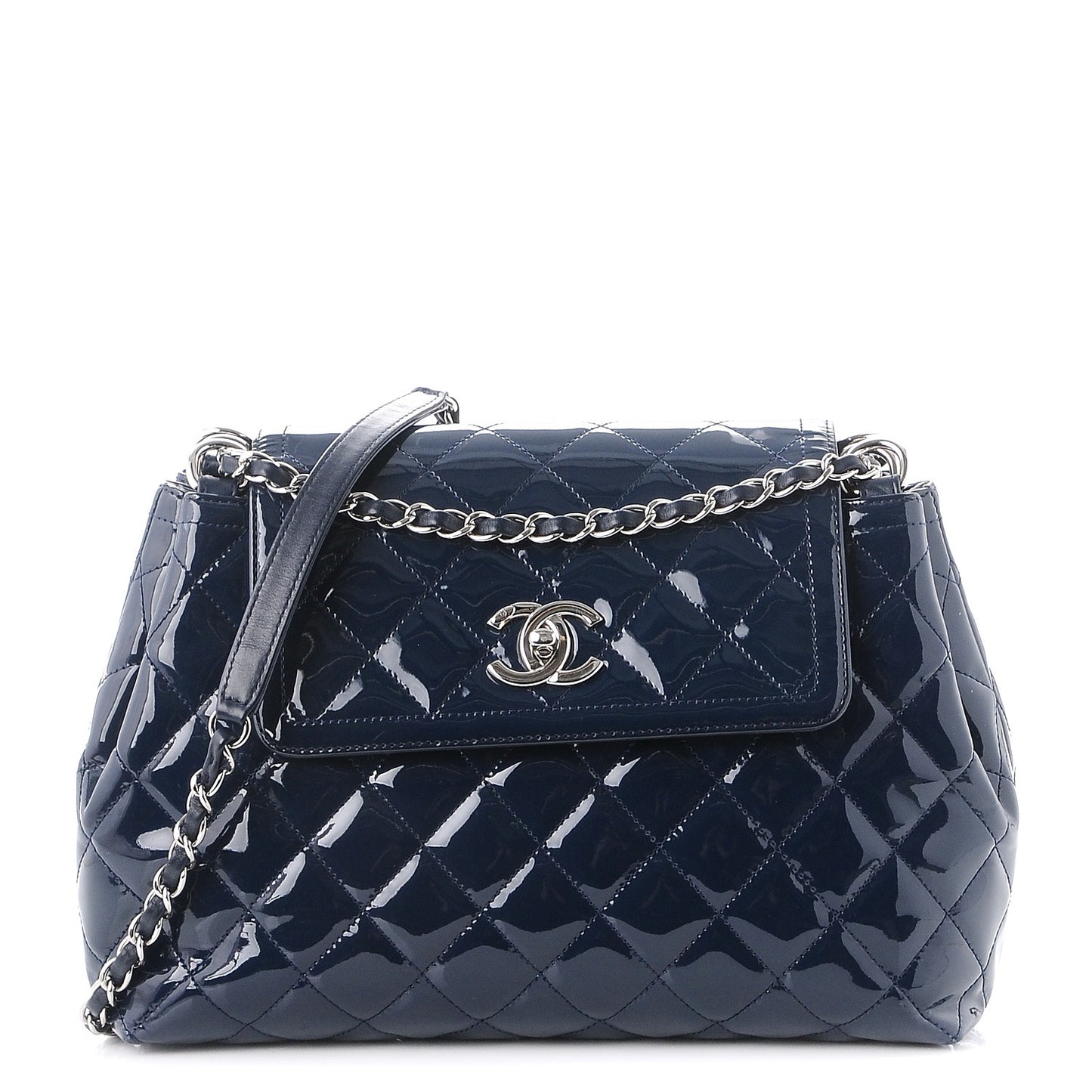Patent Quilted Large Coco Shine Accordion Flap Dark Navy Blue