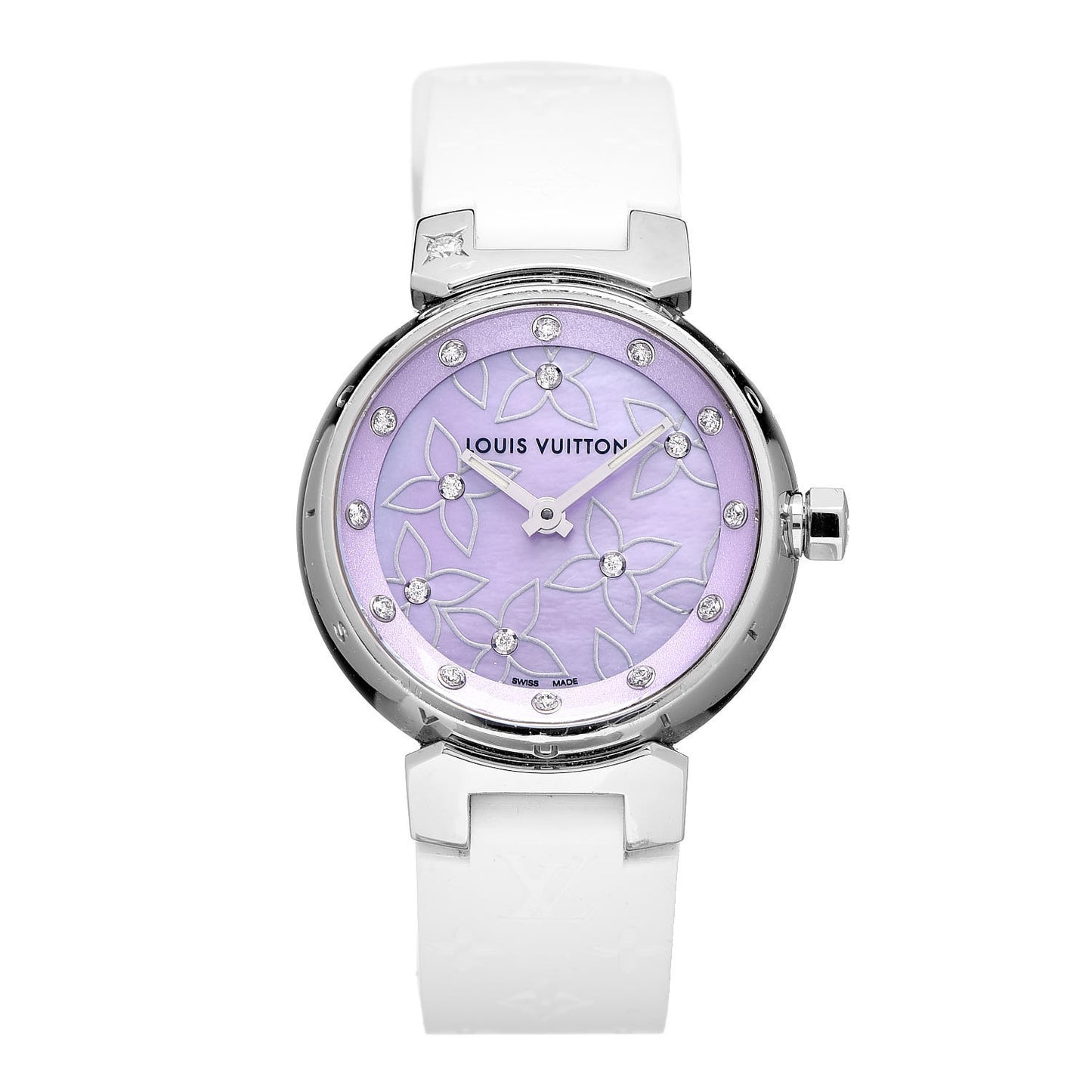 Stainless Steel Rubber Diamond Pink Mother of Pearl 28mm Tambour Quartz Watch