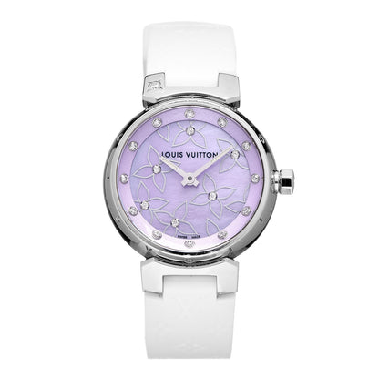 Louis Vuitton Stainless Steel Rubber Diamond Pink Mother of Pearl 28mm Tambour Quartz Watch 1 of 7