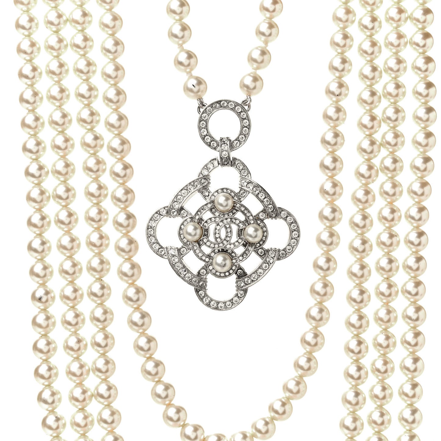 Pearl Crystal CC Multi Strand Necklace Silver